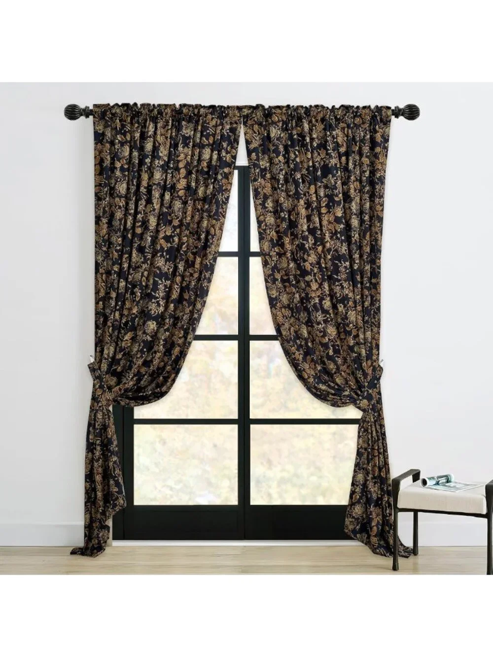 Elegant Gold Velvet Floral Curtains - Rose Pattern Drapes, 96 Inch, 2 Panels
